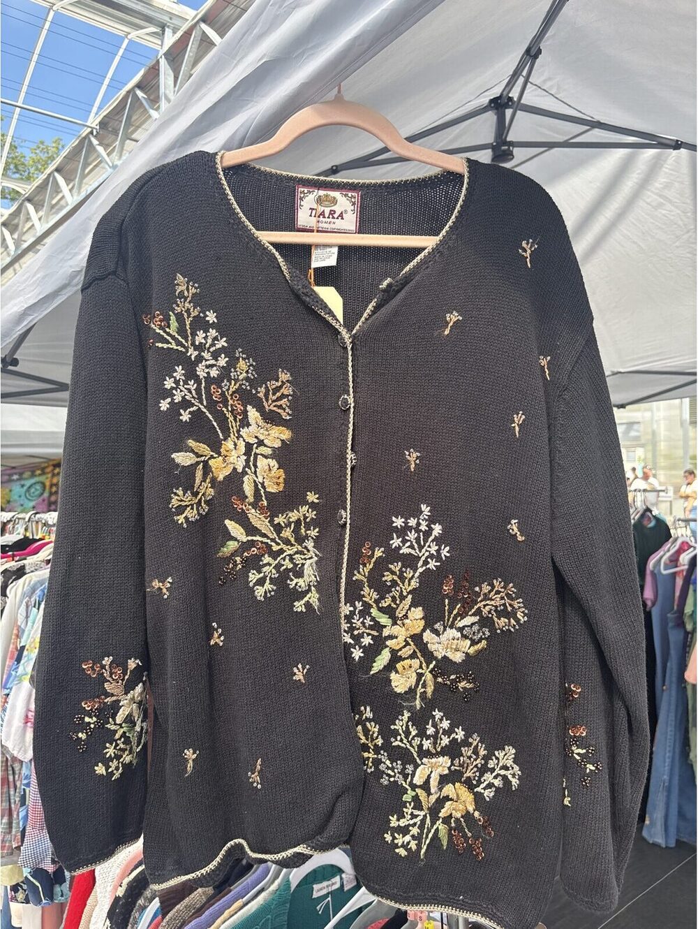 Tiara Black Ramie Cotton Embroidered Floral Sweater Vintage Size 18/20